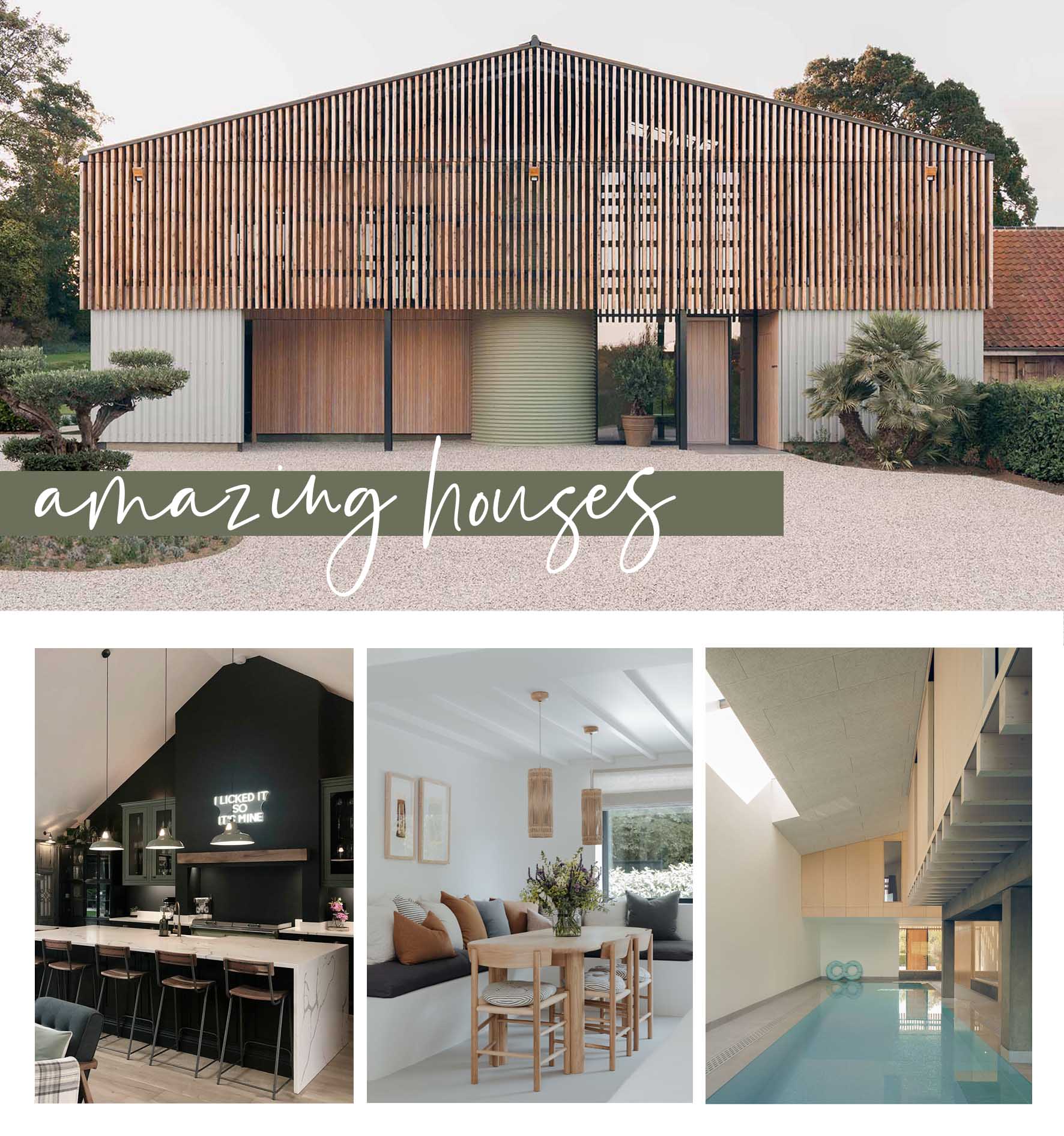 Amazing houses - a collage of incredible shooting spaces in Norfolk including award-winning architectural spaces. Available to hire as locations for photoshoots.