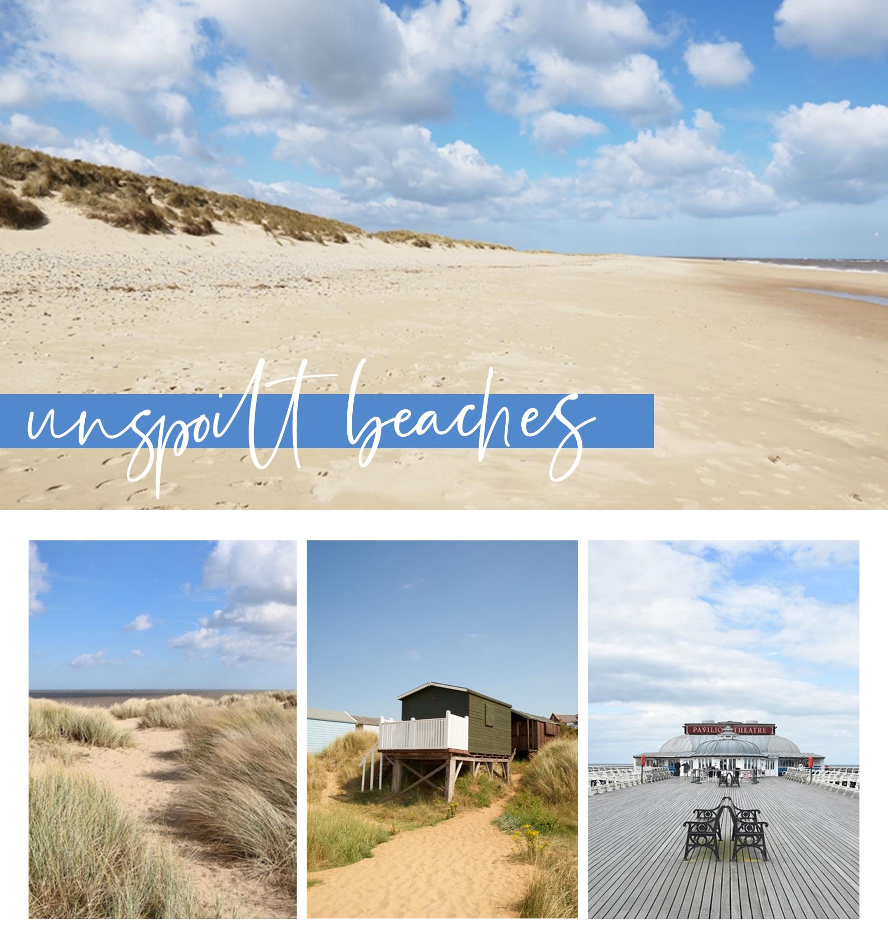 A collage of incredible Norfolk beaches, images include sandy beaches with dunes, beautiful beach huts & stoney beaches available to hire as locations for photoshoots.