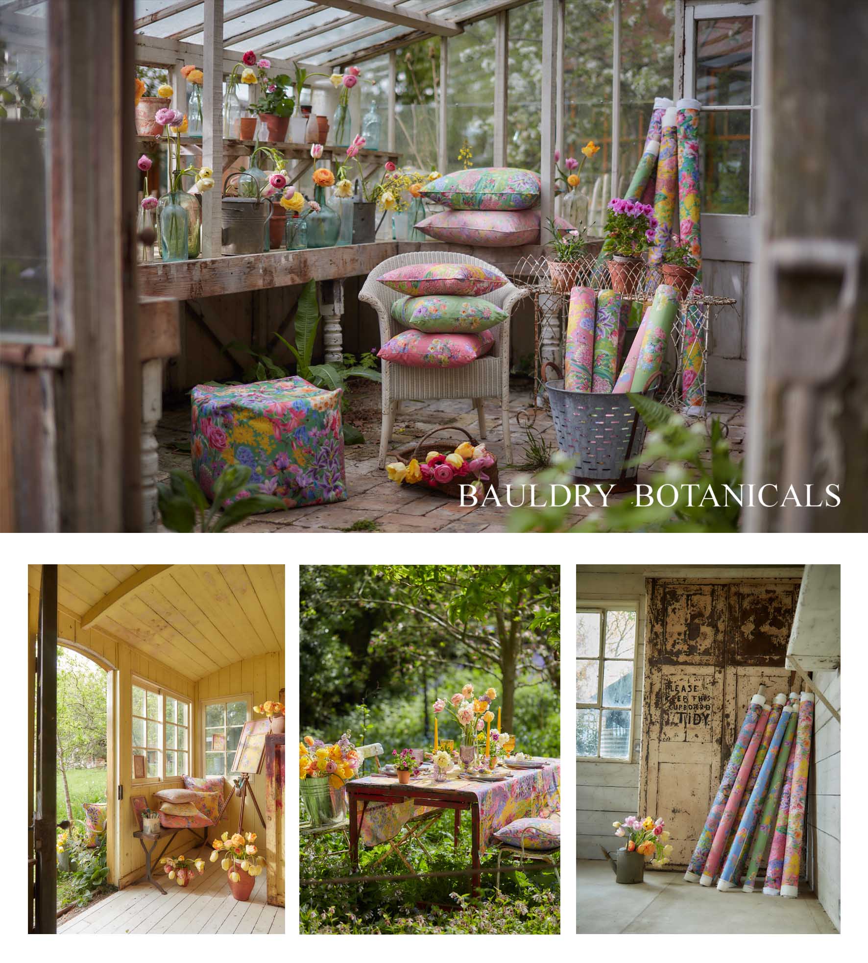 Suffolk shoot location DRF381 booked by East Coast Locations & full shoot production for Bauldry Botanicals. A collage of images of soft furnishings & wallpaper. 