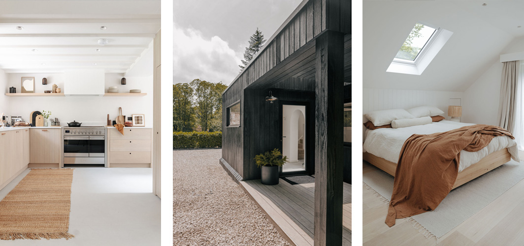 3 images of Scandi Inspired Black Clad Shoot Location Cabin in Norfolk. White Scandi / Australian inspired interiors with natural textures throughout the kitchen and bedroom. Black cladding on the exterior of the cabin.