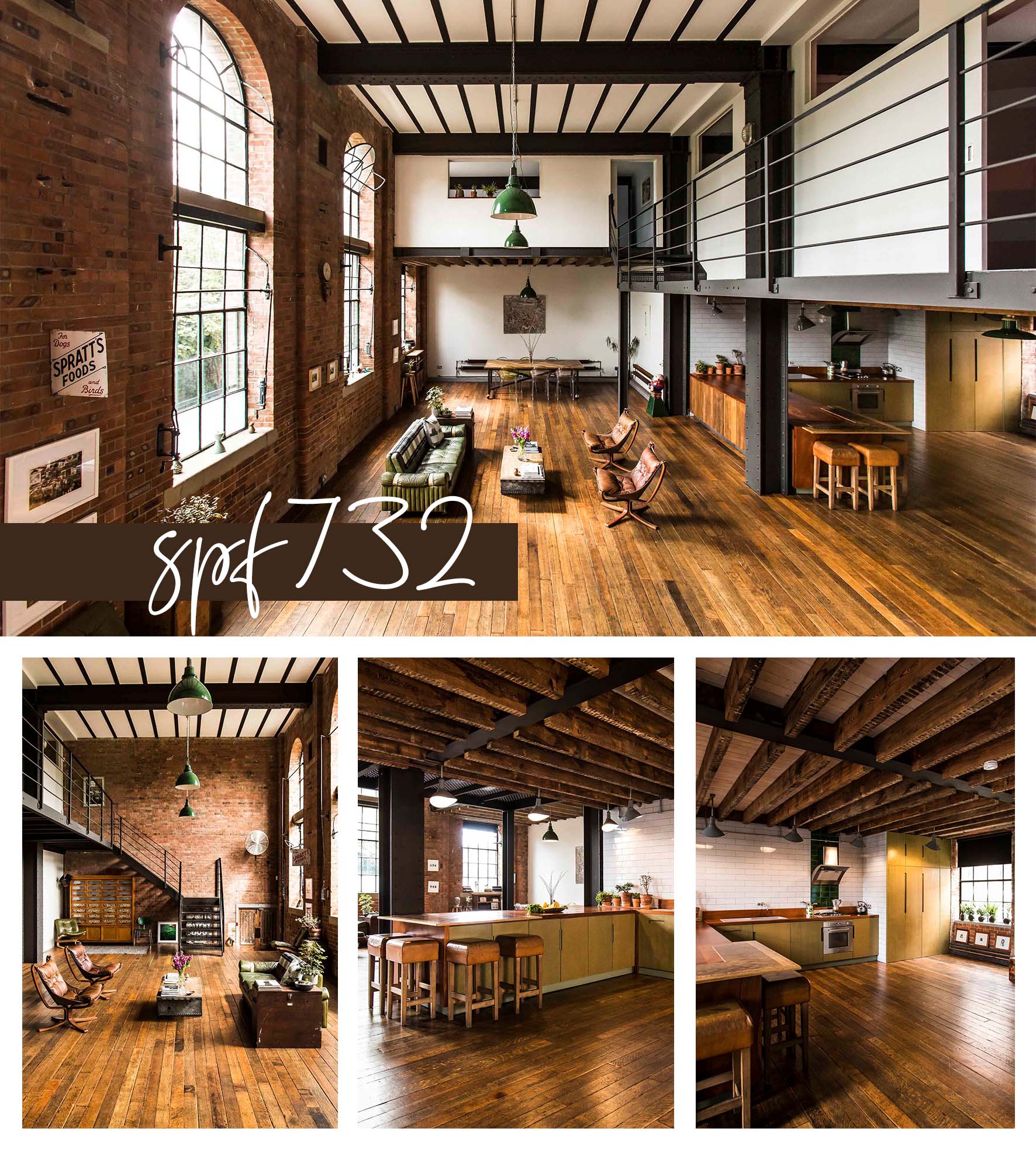 A collection of 4 images of our SPF732 London location. This large space offers texture through the Victorian exposed brick walls and oak flooring. Industrial balcony on the second floor and a bespoke staircase in the same style.