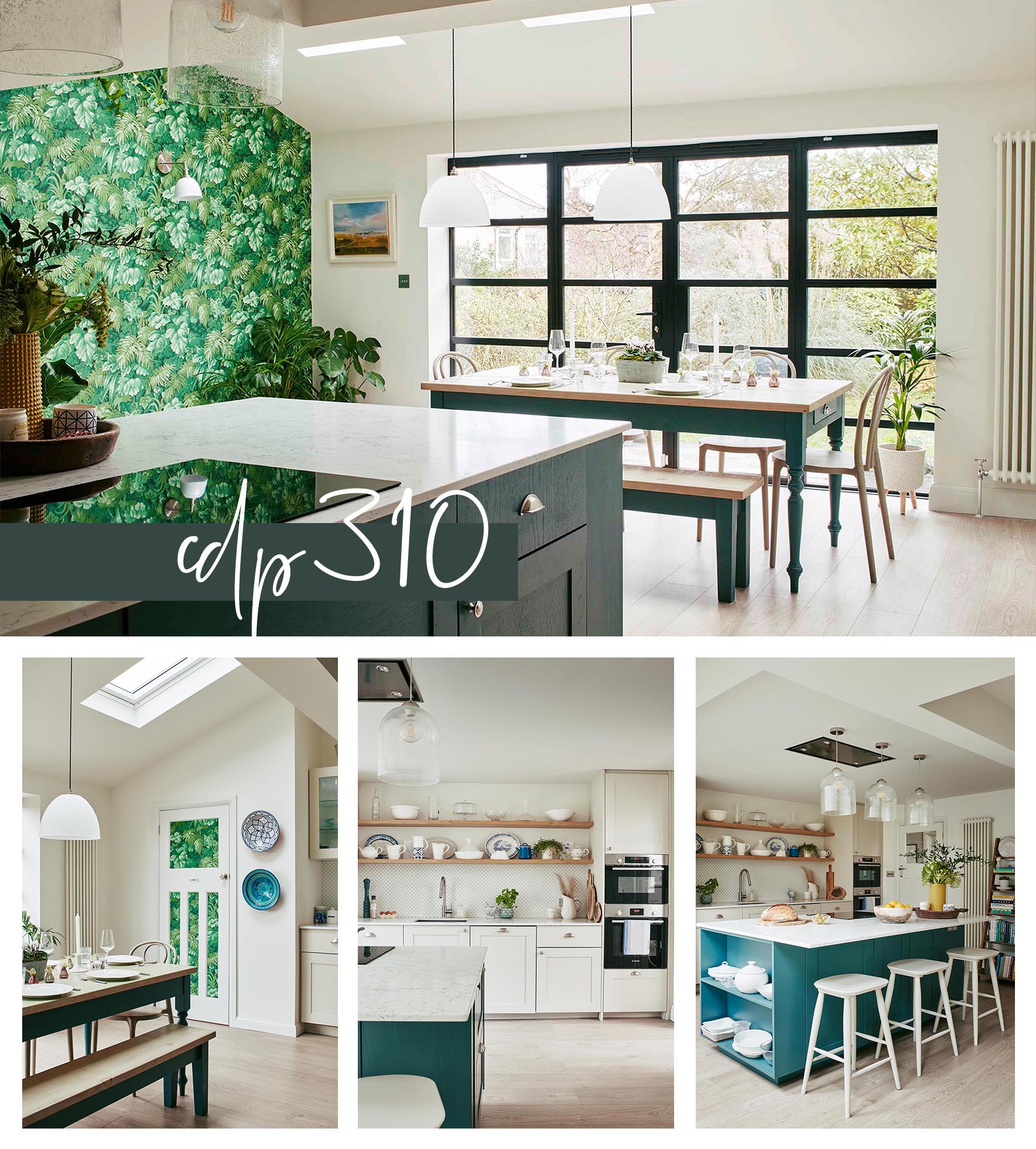 A visual tour around this light-filled space with earthy tones. Dark green kitchen hardware complimented by white surfaces and vibrant wallpaper with illustrated green leaves.