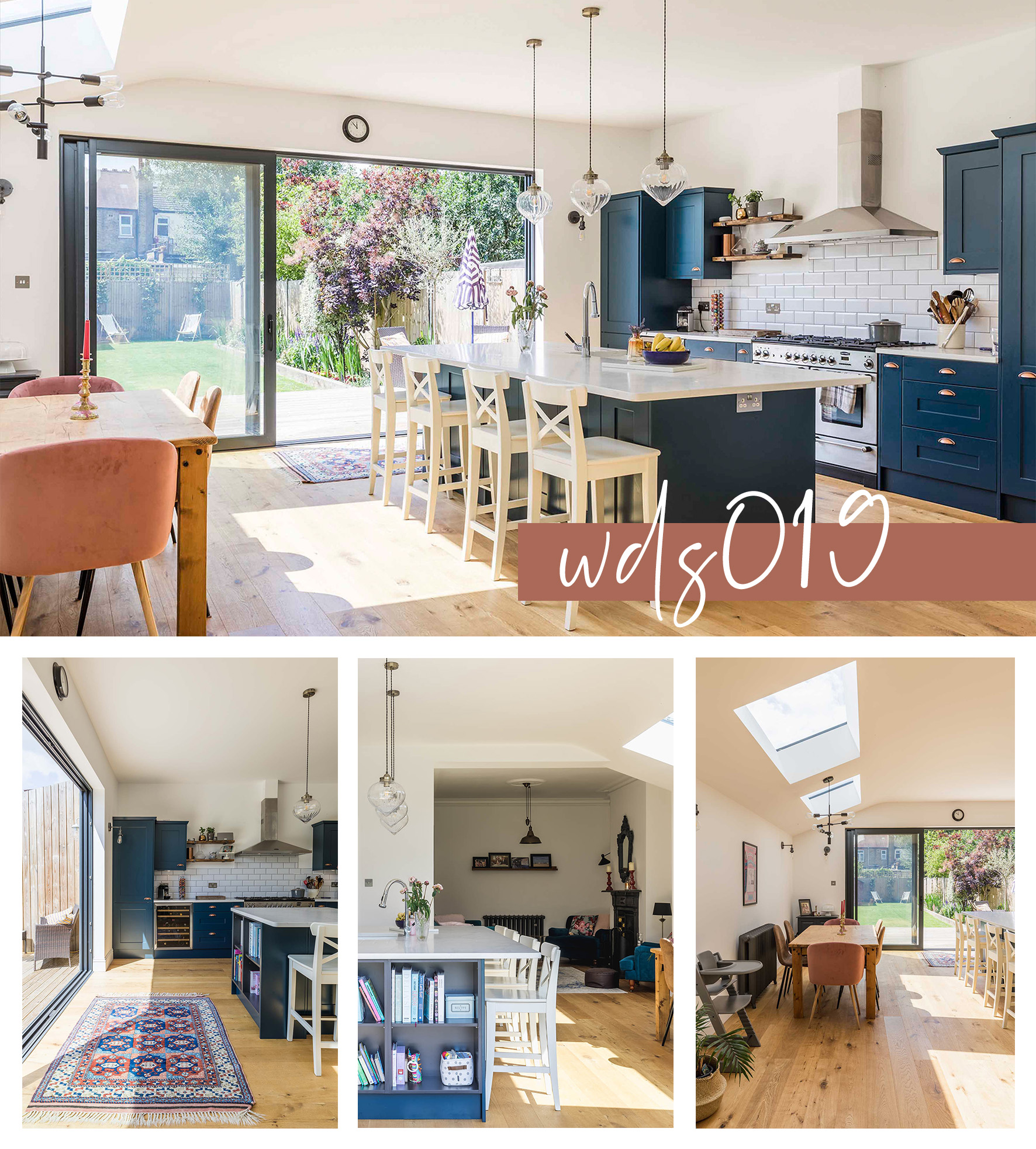 A collection of images displaying the light-filled downstairs space in this beautiful 5 bedroom Edwardian style family home based in Greater London.