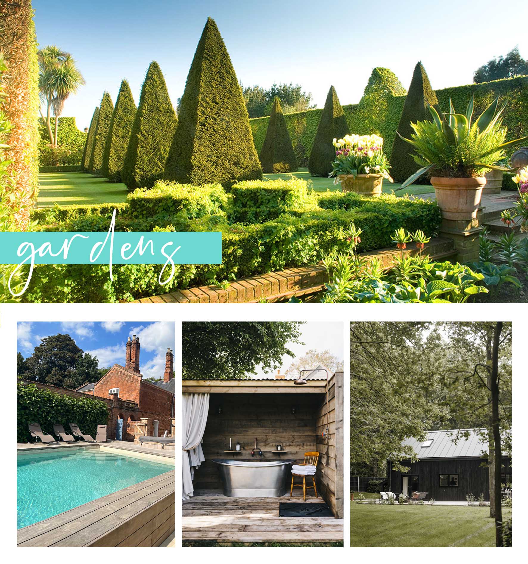 A collage of images of Norfolk gardens, including pools, outdoor baths & woodland.