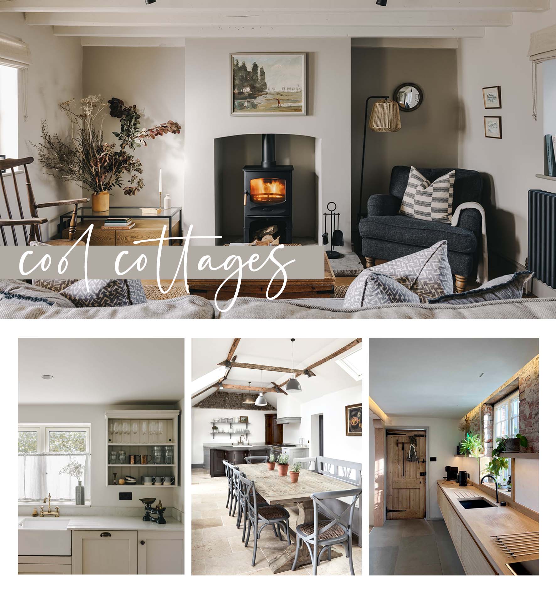 A collage of beautiful cottage interiors with neutral interiors in Norfolk available to hire as locations for photoshoots.