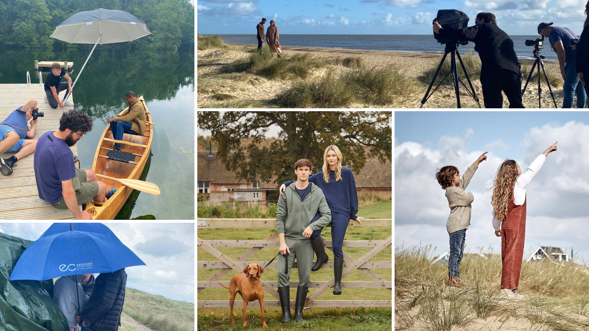 Collage of images of shoot production across Norfolk & Suffolk for fashion & lifestyle brands. Outdoor locations including beaches, fields and lakes.